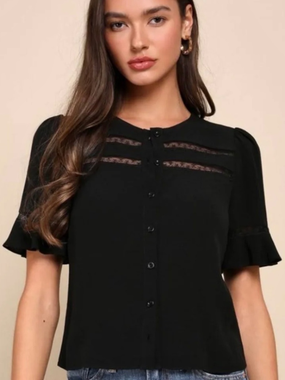 Lulu's Black Lace-Trim Button Front Blouse